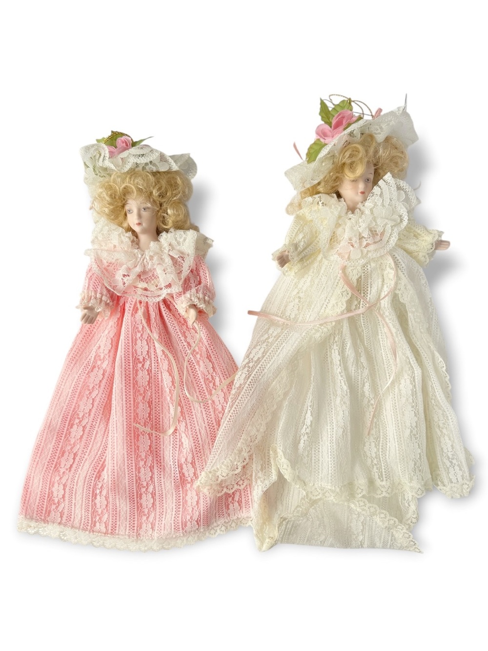 Vintage Set of 2 Victorian Style Porcelain Doll Lace Dresses Hanging Ornaments